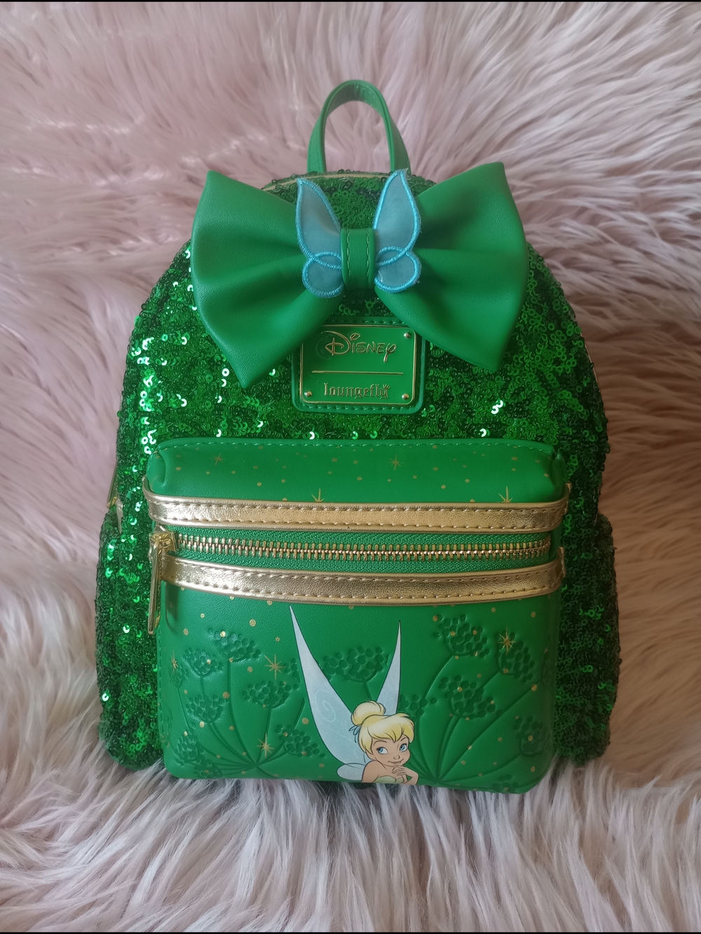 Loungefly Disney Tinkerbell Green Sequin Mini Backpack FAIR condition Grail!!